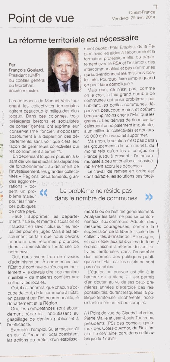 Tribune de François Goulard le 25 avril 2014