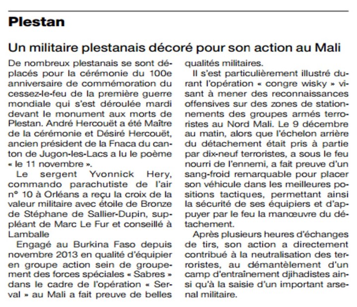 Un plestanais décoré pour son action au Mali